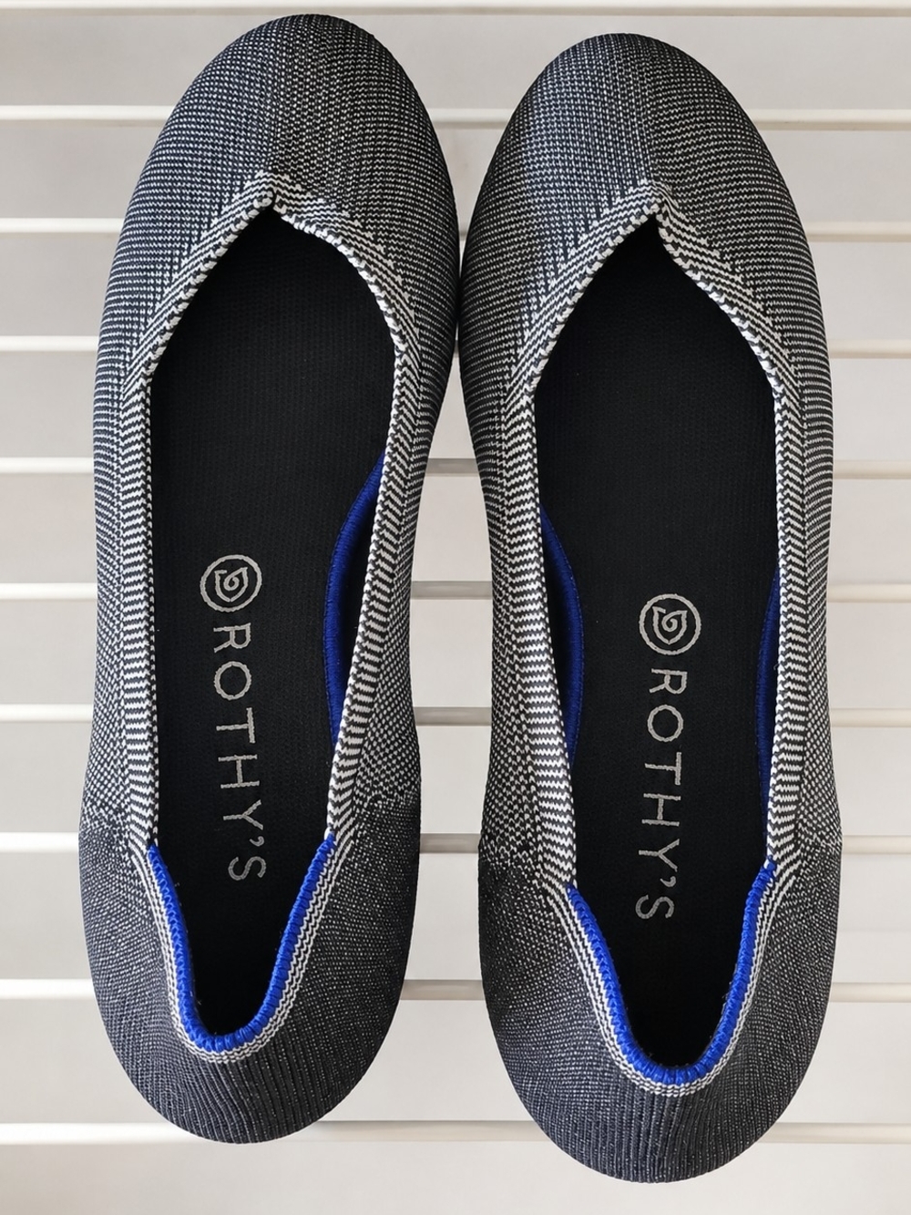 Rothy’s The Flat Women’s 10.5 Black White Herringbone Blue Trim Washable Flats